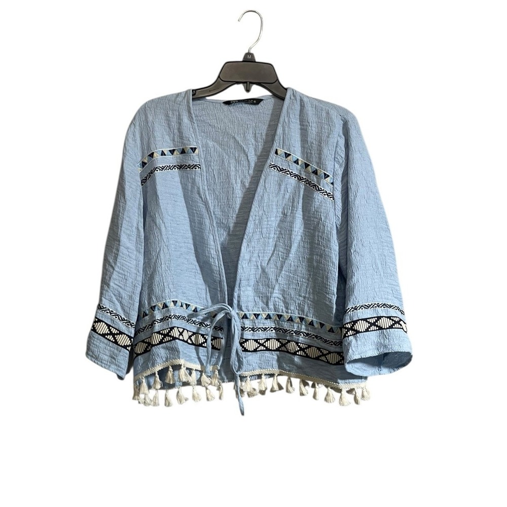 Zara Cardigan Jacket sz XL Blue Textured Fringe Embroidered Boho Hippie Festival